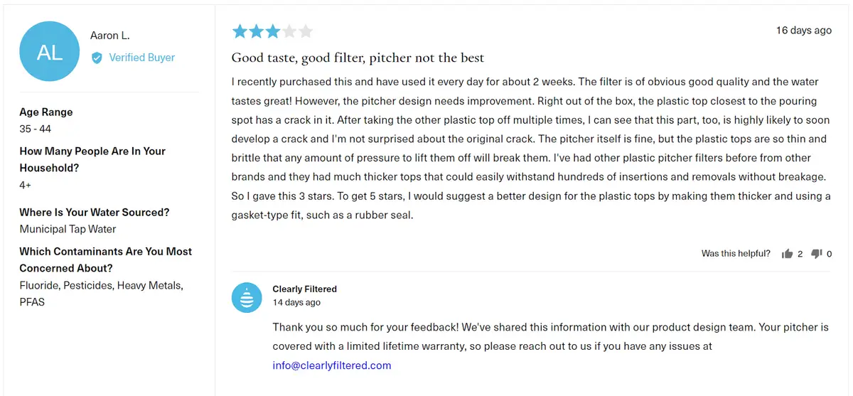 a three star review of the clearly filtered pitcher